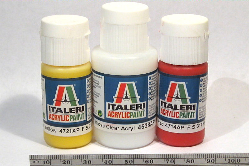 Italeri Acrylic Paint: Red, Yellow, and Gloss Clear Coat