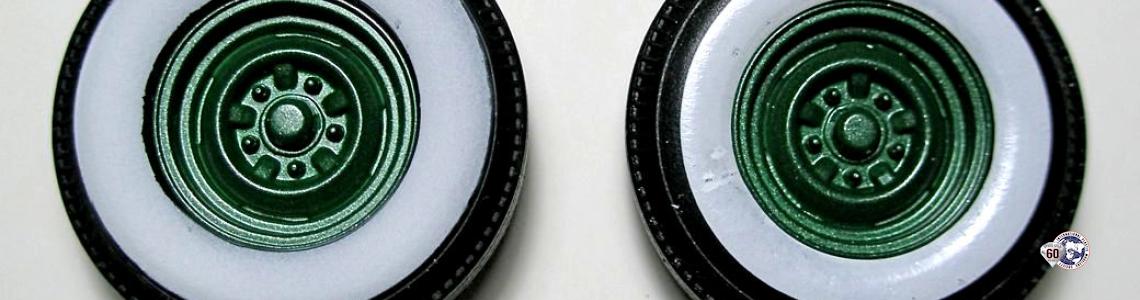 My hand-painted tire on the left compared to the tampo-printed one from Revell on the right