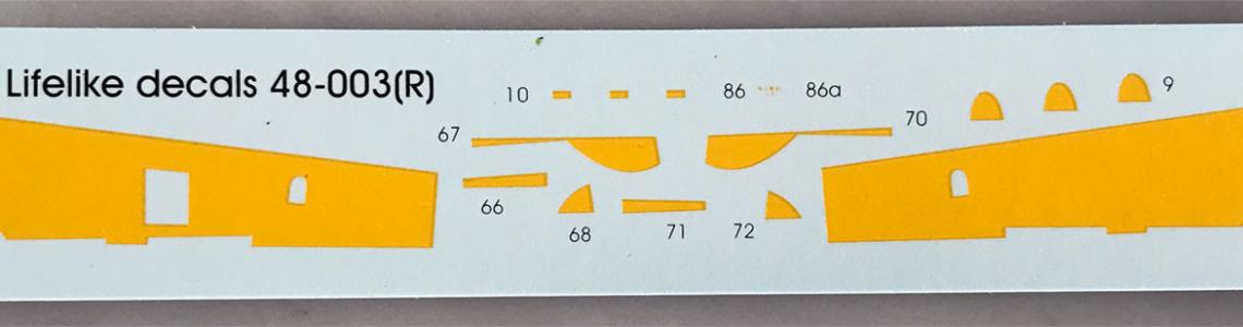 Decal sheet with yellow wing leading edge, undercarriage and propeller markings