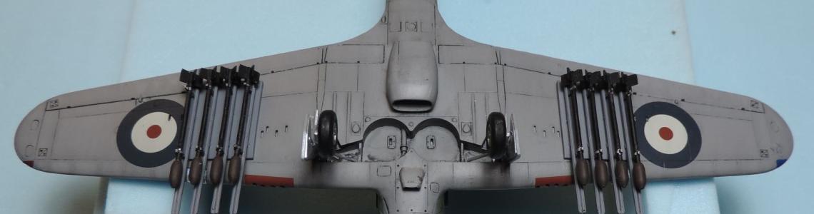 Finished rockets mounted on underside of Hurricane wing