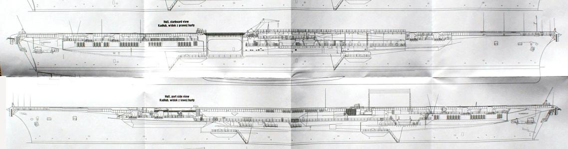SheetB of the foldout with a starboard profile labeled with radar and armament details, and hull views of both sides and overhead – without the island