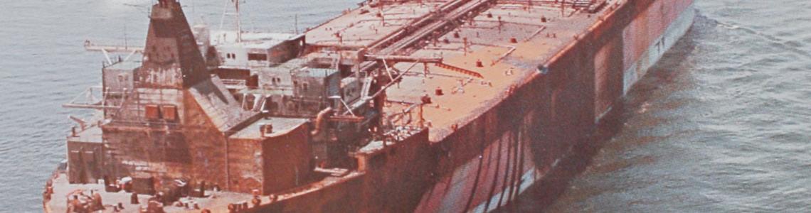 The Safina al Arab on the way to the breakers after sustaining an Exocet missile hit in 1984 with one fatality. The integrity of construction maintained.