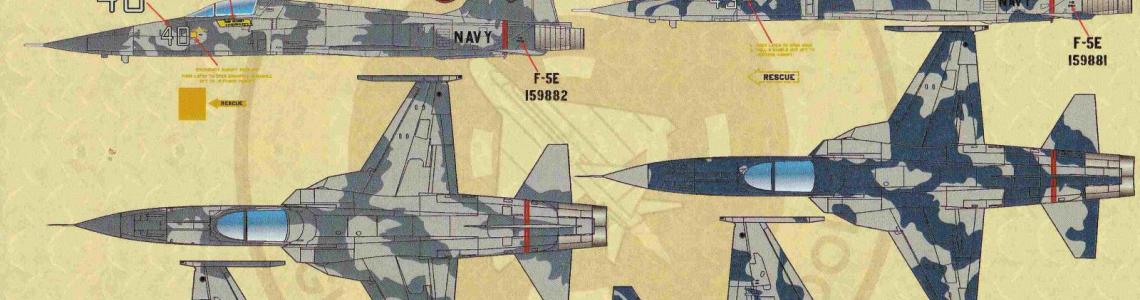 Markings for two aircraft: F-5E 159882, 1982 #42 (two tone gray scheme), and F-5E 159881, 1982 #43 (gray and blue scheme)