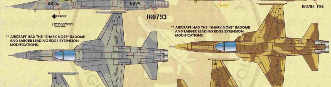 Markings for two aircraft: F-5E 160793, 1986 #44 (two tone gray scheme), and F-5E 160794, 1986 #45 (brown and tan scheme)