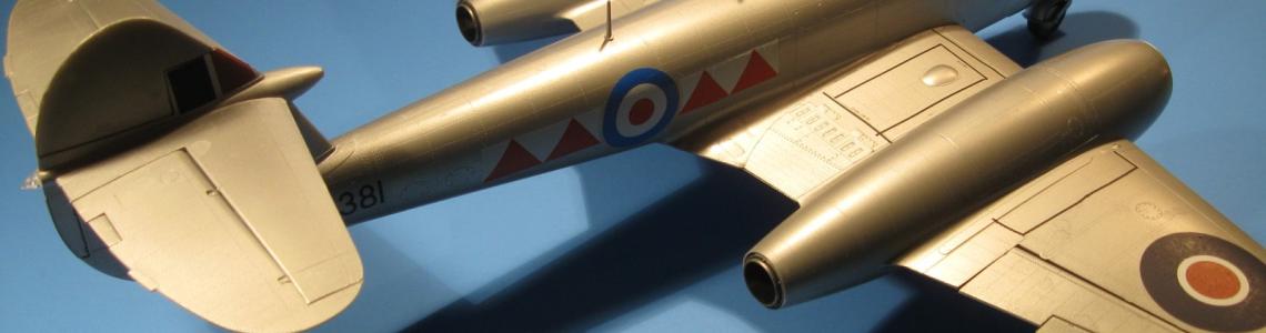 Starboard side top and aft view showing the narrow wingspan, the prominent engines, and the distinctive RAF markings