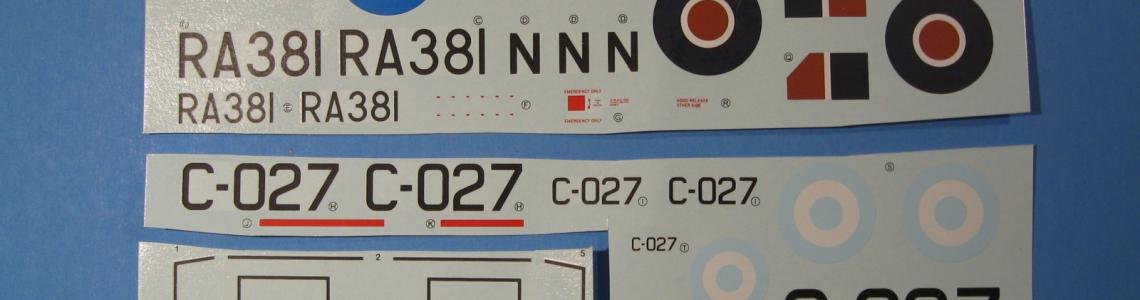 The decal sheet arrived in one piece, but here is cut into three pieces for each of the two versions of the kit.  The lower left block has common markings, such as wing walks.  The RAF version in on the top and the Argentinian version are on the lower right and middle.