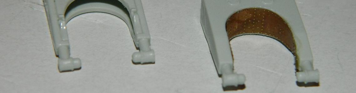 Revell Halifax gear strut left, with Eduard installed on right