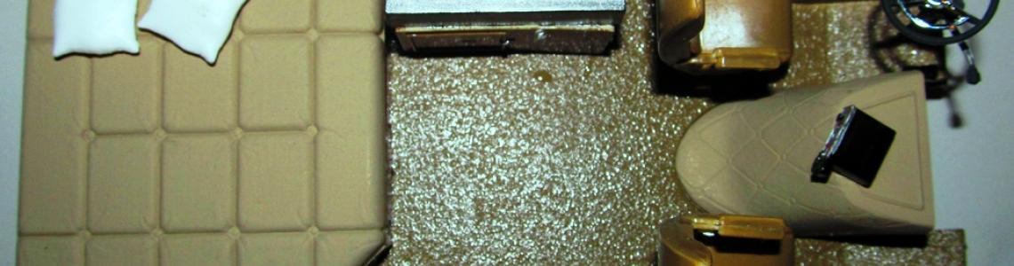 Layout of interior with bed, stove, and cabin controls.