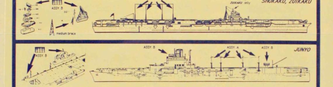 Rear side of Assembly Instructions showing 12 different IJN carriers and where PE parts fit.
