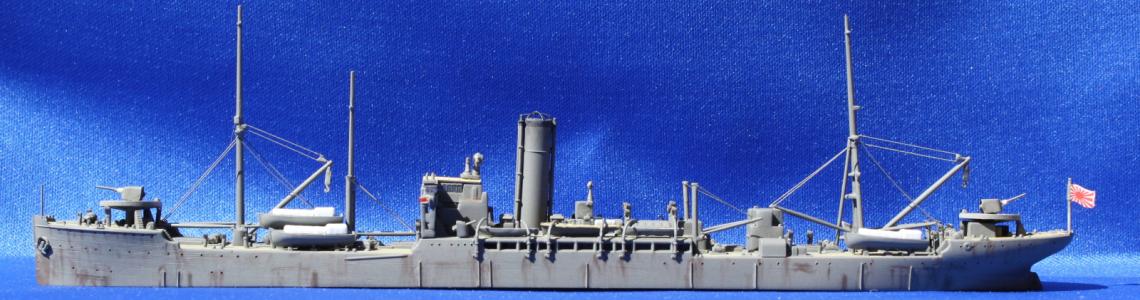 Completed IJN Mamiya model, port side, waterline view