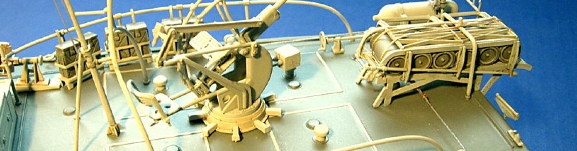 Finished stern section with gun mount and depth charge rack