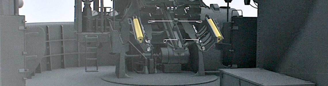 Close-up of the rear of a twin 127mm AA gun mount.