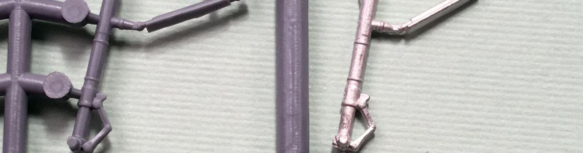 Comparison of kit-supplied main gear (dark) to Scale Aircraft Conversions parts (silver)