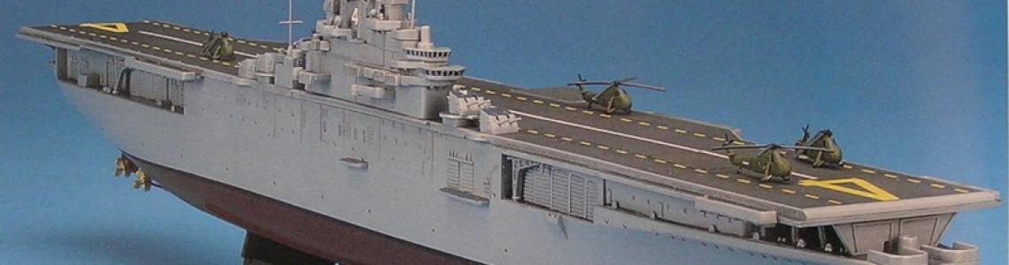 USS Boxer LPH-4 from the new Dragon Models 1/700 kit.  1950s appearance of an ex-Essex class carrier converted to an amphibian ship before purpose-designed ships were built.  Boxer ferried helicopters and aircraft to Vietnam and participated in several amphibious operations in the 1960's