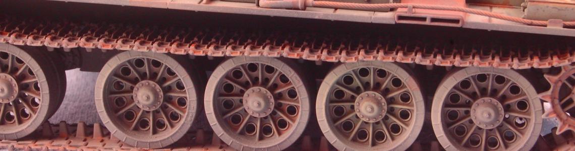 Finished T-54-2 model closeup of road wheels