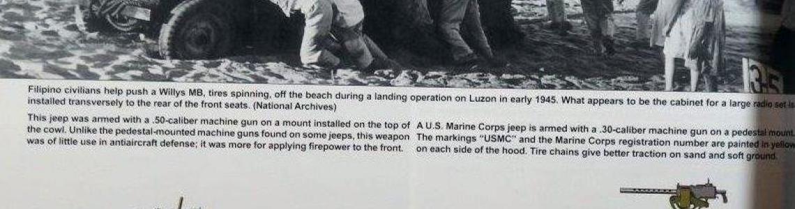 Filipino civilians help push a Willys MB off the beach on Luzon (1945).